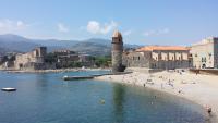a group of people on a beach near a body of water at 4SAP22 Appartement climatisé avec double terrasses in Collioure