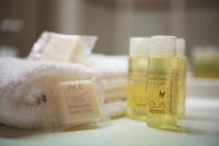 a close up of two bottles of soap and towels at Ace Hôtel Salon de Provence in Salon-de-Provence