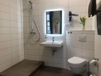 a bathroom with a toilet and a sink and a mirror at Pension Karina Schwerin in Schwerin
