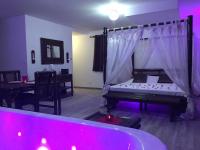 a room with a bed and a tub with pink lights at La Paillote Exotique Spa in Beaucaire