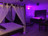 a bedroom with purple lighting and a bed with a canopy at La Paillote Exotique Spa in Beaucaire