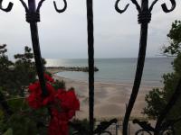 a view of the beach from a window with flowers at Vila pe plaja nr 9 in Saturn