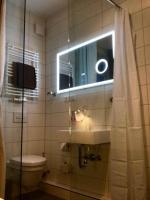 a bathroom with a toilet and a sink and a window at Pension Karina Schwerin in Schwerin