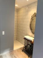 a bathroom with a shower with a sink and a mirror at Cocoon amoureux de Beaune in Beaune