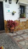 a flower pot sitting on the side of a stone wall at Las 4 Lunas in Zahara de la Sierra