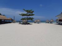 a beach with straw umbrellas and a tree on it at Nice Sea Resort in Srithanu