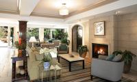 Una sala de estar llena de muebles y una chimenea. en Ayres Hotel &amp; Spa Mission Viejo - Lake Forest, en Mission Viejo