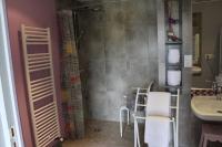 a bathroom with a shower and a sink and a table at Gîte d&#39;Anne et Ulysse in Sept-Frères