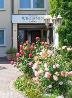 un montón de rosas rosas delante de una tienda en Trollinger Hof, en Bad Oeynhausen