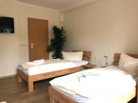 a room with two beds and a television in it at Apart Pension Plaue in Brandenburg an der Havel