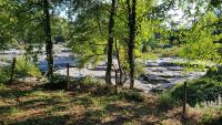 a view of a river with trees and rocks at Gite Le Moulin de Rosieres Moulin Champetier in Rosières