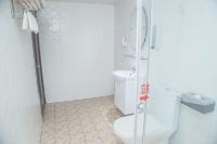 a bathroom with a shower and a toilet and a sink at Happy Castle Cottage in Hualien City