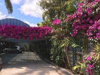 a parking lot with pink flowers on a building at Hôtel Résidence Le Phoenix in Saint-Pierre