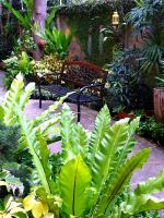 a bench sitting in a garden with green plants at Baan Baimai Boutique Room in Phra Nakhon Si Ayutthaya