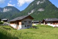a house in a field with mountains in the background at Apartment La Tibolire in Sixt