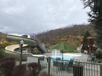 einen Pool mit einer Wasserrutsche und einem Brunnen in der Unterkunft The Appy Lodge in Gatlinburg