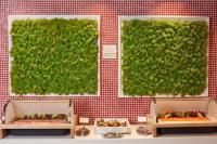a green wall with three boxes of food on a table at Beijing Hotel Minsk in Minsk