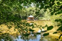 a small building in the middle of a pond with trees at Les Ecolodges de l&#39;Orbière in Forcé