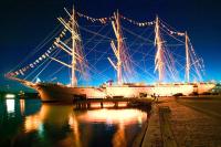un gran barco sentado en el agua por la noche en Hotel Barken Viking, en Gotemburgo