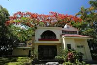 a house with a tree with red flowers at Meinong Yun Shanju Homestay in Meinong