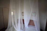 a bedroom with a bed with white mosquito nets at Villa Les Palmiers in Saint-François