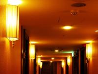 a long hallway with lights on the ceiling at 東鑫商務旅館Eastern Star Hotel in Taipei