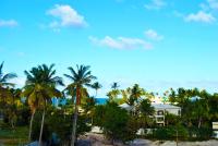 Una vista de un resort con palmeras y el océano. en Hostel Eco Punta Cana, en Punta Cana