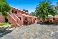 a pink house with a palm tree in front of it at Dolphins Backpackers in Sunshine Beach