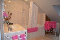 a bathroom with a sink and a shower with pink towels at LA MAISON DU PECHEUR in Chaumont-sur-Loire