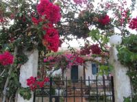 a house with pink flowers on a fence at Villa in the Garden in Kokkini Khanion