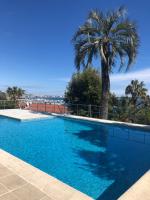 a large blue swimming pool with a palm tree at Magnifique Appartement Vue Mer in Vallauris