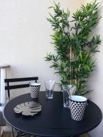 a black table with two glasses and a potted plant at Appartement Cosy proche Météo France et Airbus in Toulouse