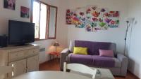 a living room with a purple couch and a tv at Gîte La Fontaine Corse in Loreto-di-Casinca
