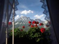 a view of a mountain from a window with red flowers at Ferienhaus Soregina in Ellmau