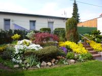 a garden of flowers in front of a building at Pension am Peeneufer UG in Wolgast