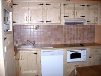 a kitchen with wooden cabinets and a white dishwasher at BOROT2 in Lanslebourg-Mont-Cenis