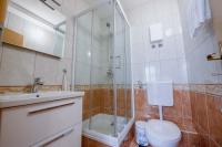 a bathroom with a shower and a toilet and a sink at Pension Kathi in Brist
