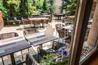 a view of a patio with tables and chairs at Platan Garden Rooms & Restaurant in Hajdúszoboszló