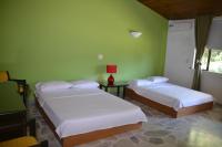 Dos camas en una habitación con paredes verdes. en Hotel Albatros, en Espinal