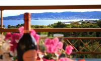 a bottle of wine on a table with a view of the water at PLEIADES lUXURY APARTMENTS in Porto Heli