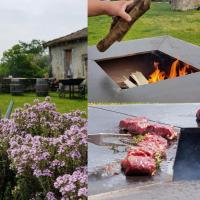 two pictures of a grill with meat and fire at Les Hauts De Chalonne in Le Gond-Pontouvre