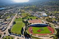 an aerial view of a baseball field with a stadium at Fasthotel Albertville in Albertville