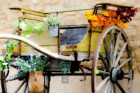 a wooden cart with flowers and potted plants on it at Le Moulin de Gâteau in Saint-Pierre-les-Étieux