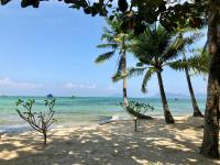 a beach with two palm trees and the ocean at Peppercorn Beach Resort in Phú Quốc