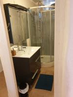a bathroom with a sink and a shower at Gîte les Pieds dans l&#39;eau bord de Sèvre, 10 min du Puy du Fo in Treize-Vents