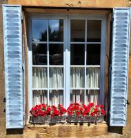 a window with two baskets of flowers on a window sill at Maison Marie in Lagarde