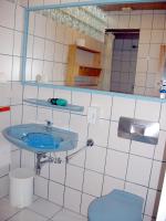 a bathroom with a blue sink and a toilet at Haus Delphin in Bad Wildungen