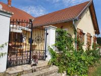 a dog standing in front of a gate of a house at Landhaus Steirerengel - Ferien &amp; Jagd in Lócs