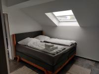 Cama pequeña en habitación con tragaluz en Im Mückenberg 4, en Lahnstein