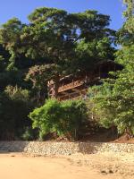 a building on the side of a beach with trees at Alibaba‘s Seabreeze in Castara